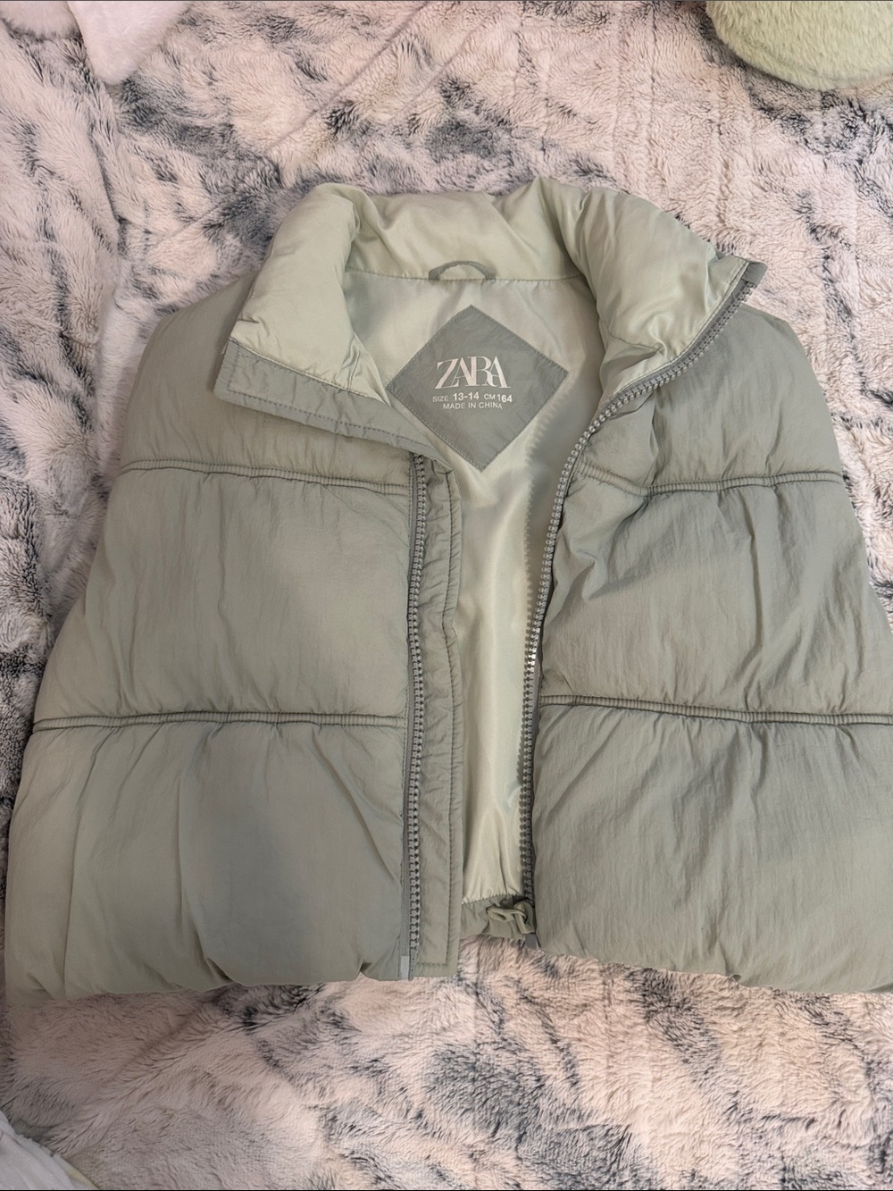 ZARA Light Sage Quilted Puffer Jacket KIDS 13-14